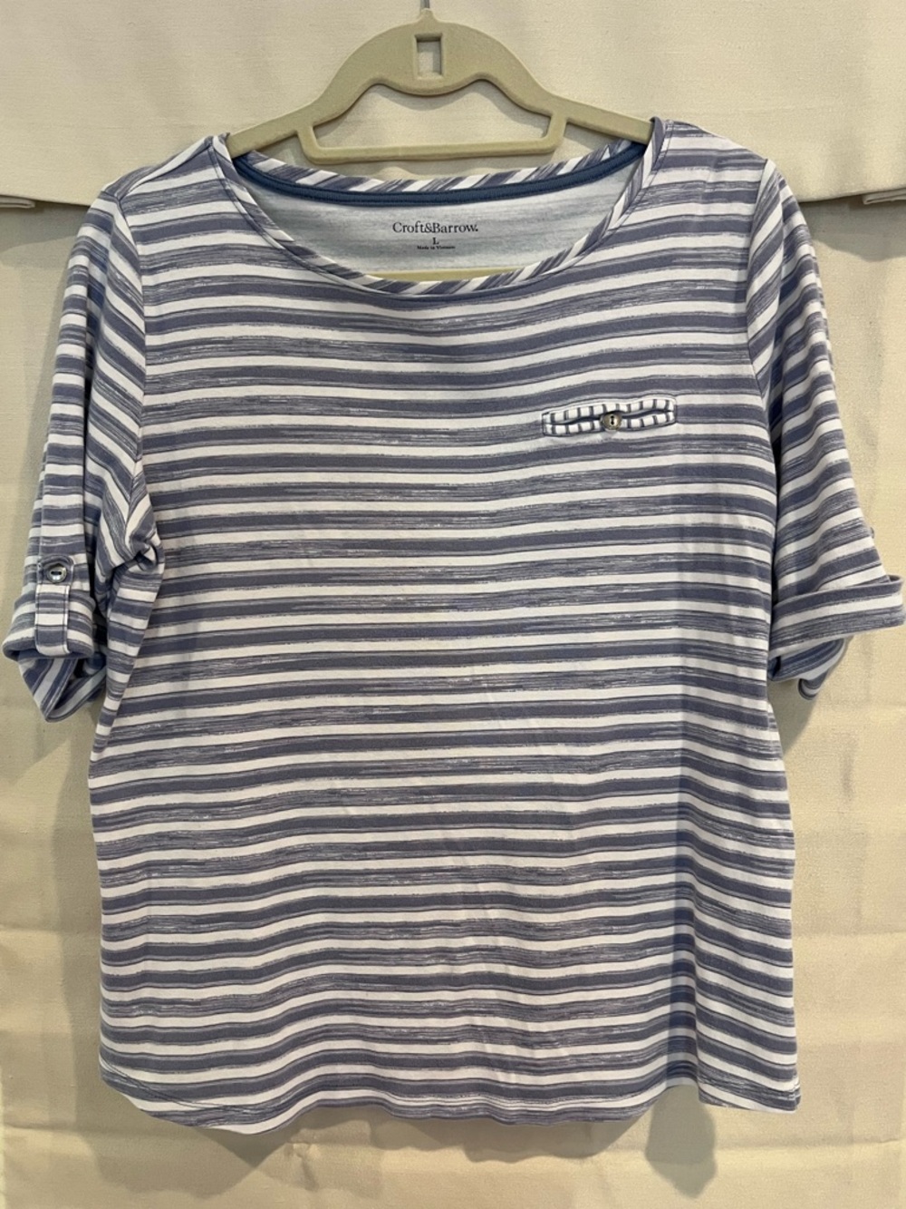 Croft & Barrow Blue and White Striped 3/4 Sleeve Boatneck Tee Size L
